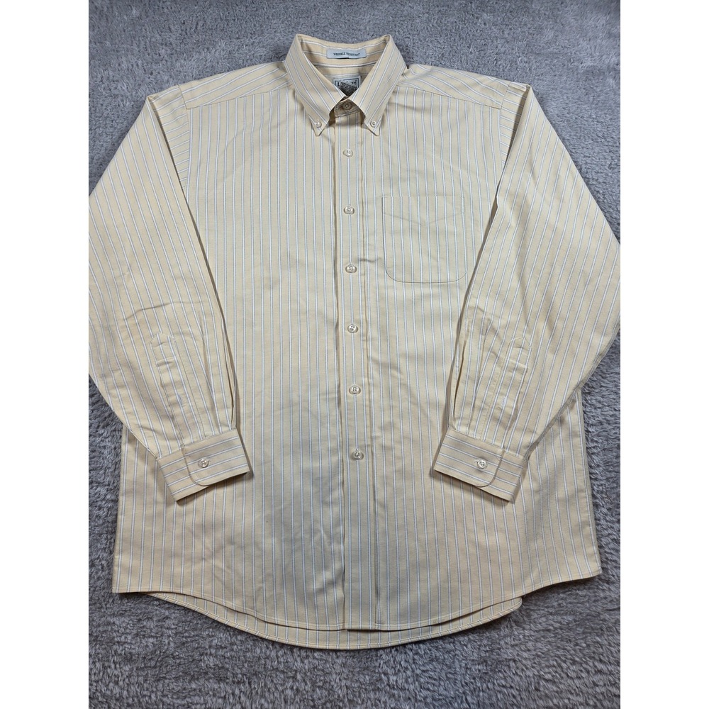 LL Bean Button Down Shirt 16.5-34 Yellow Striped Men Long Sleeve Oxford Wrinkle
